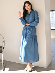 Modelyn 素色前紐扣襯衫連衣裙 - 藍色 - 查看 5