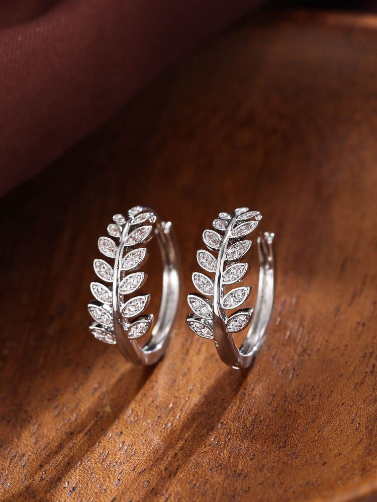 Cubic Zirconia Leaf Decor Hoop Earrings
