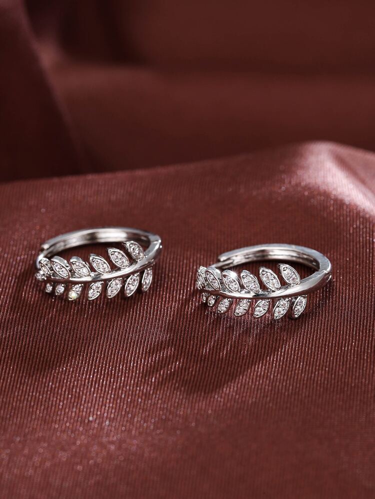 Cubic Zirconia Leaf Decor Hoop Earrings