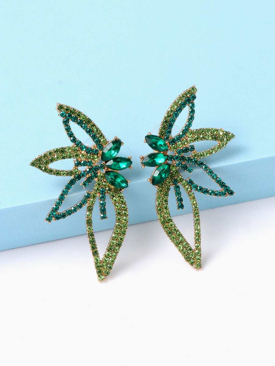 juran 水钻花朵装饰耳钉 情人节款 - 綠色 - 查看 1