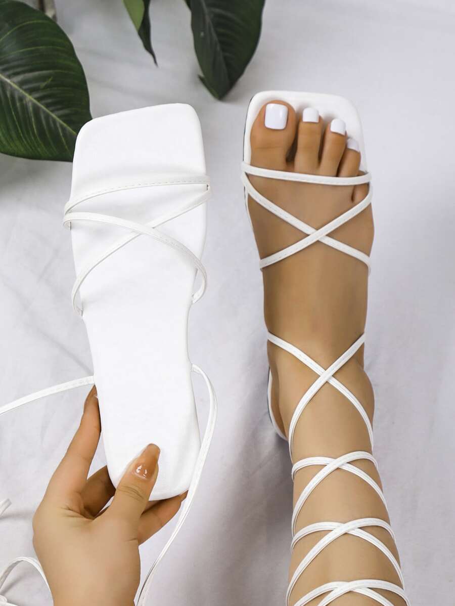 時尚戶外繫帶平底涼鞋適用於女士多細帶素色人造皮革綁帶涼鞋