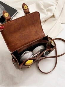 迷你搭扣裝飾翻蓋方包 - 摩卡棕 - 查看 6