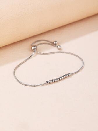 1pc Stainless Steel Snake Beaded Stretch Bracelet With 14k Gold Plating, Suitable For Gift And Personal Use