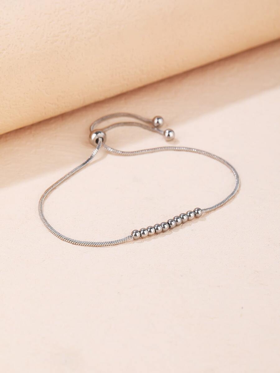 1pc Stainless Steel Snake Beaded Stretch Bracelet With 14k Gold Plating, Suitable For Gift And Personal Use - Silver - View 1