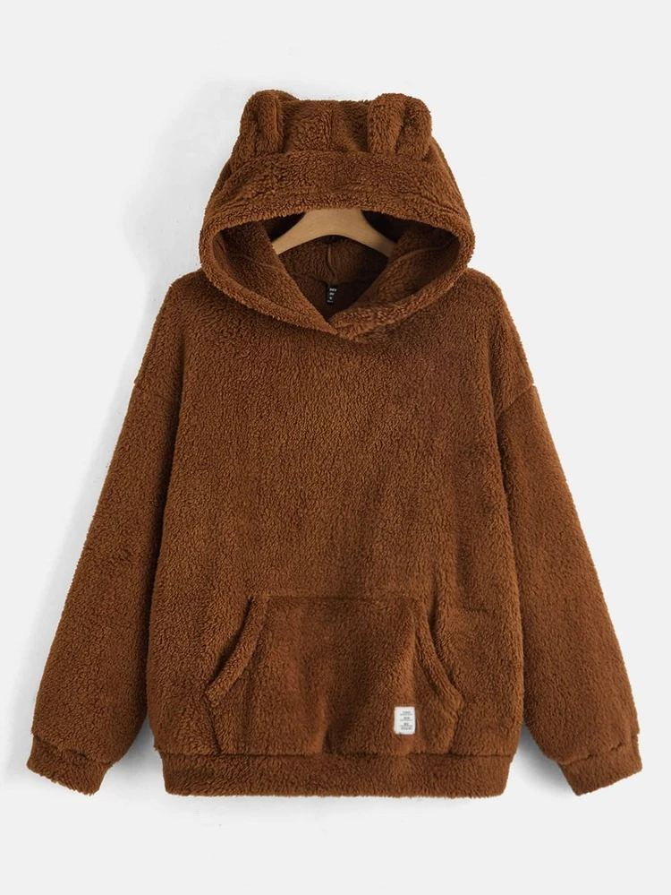 Plus Size Pocket Drop Shoulder Teddy Sweatshirt, For Winter Fall Autumn