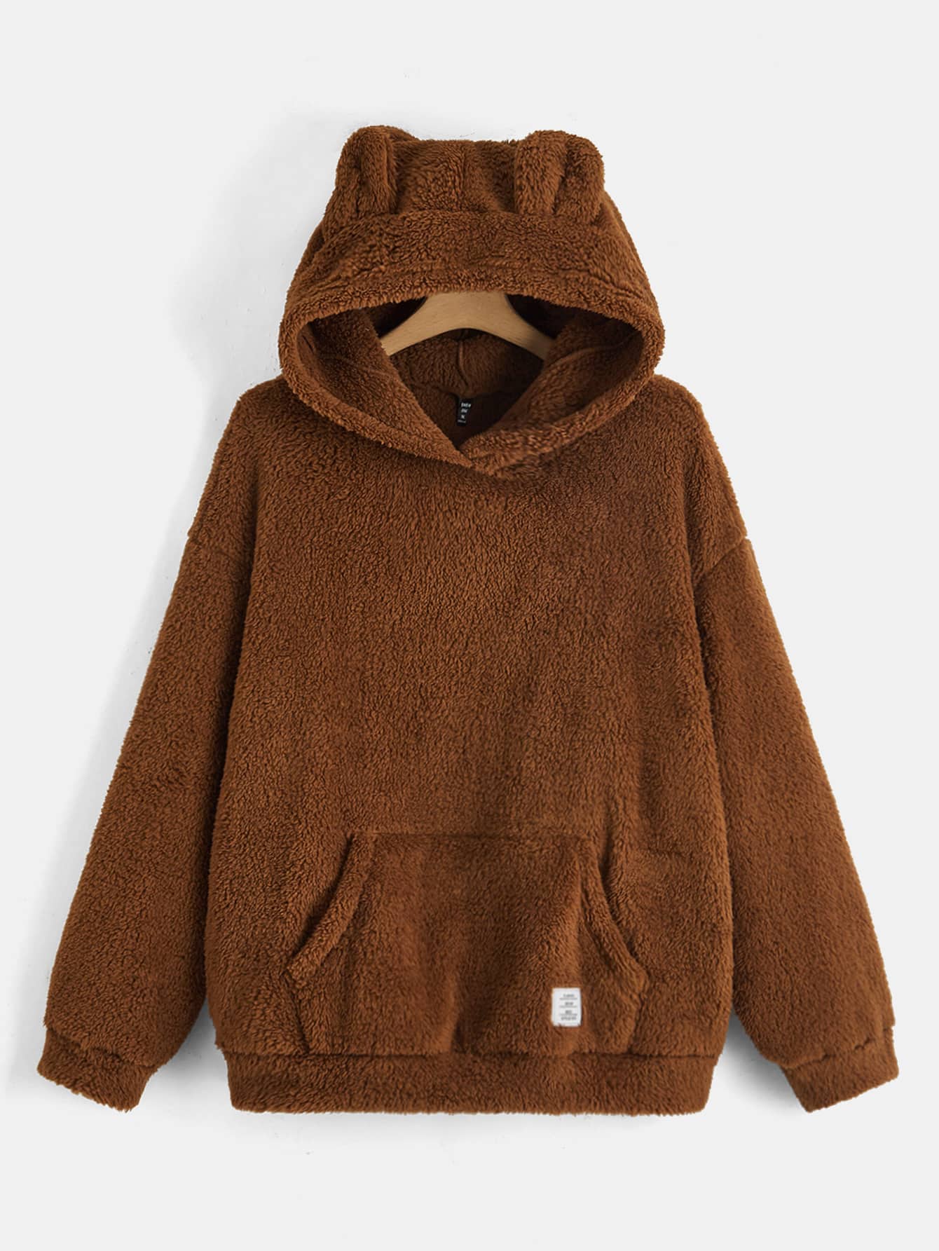SHEIN EZwear Plus  Pocket Drop Shoulder Teddy Hoodie, For Winter Fall Autumn