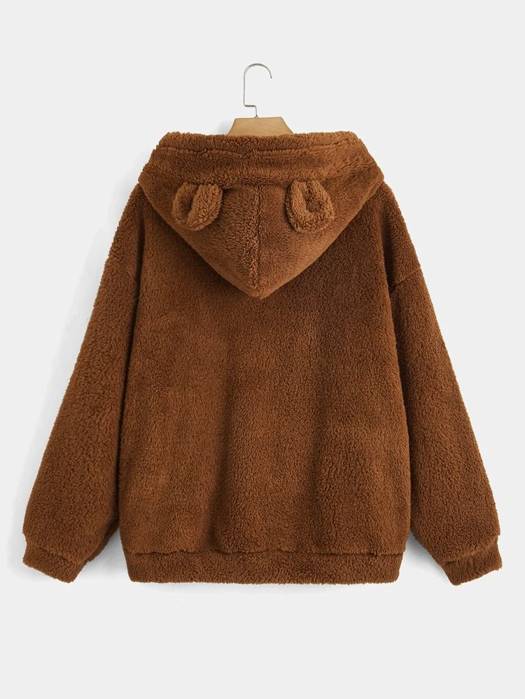Plus Size Pocket Drop Shoulder Teddy Sweatshirt, For Winter Fall Autumn