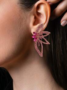 juran Rhinestone Flower Decor Stud Earrings - Hot Pink - View 5