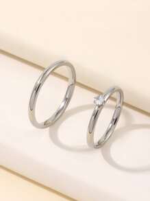 Bộ 2 nhẫn đính hôn đôi bằng thép không gỉ, thiết kế tối giản, tinh tế, phù hợp cho nữ giới đeo hàng ngày hoặc cầu hôn. - Bạc - Xem 1