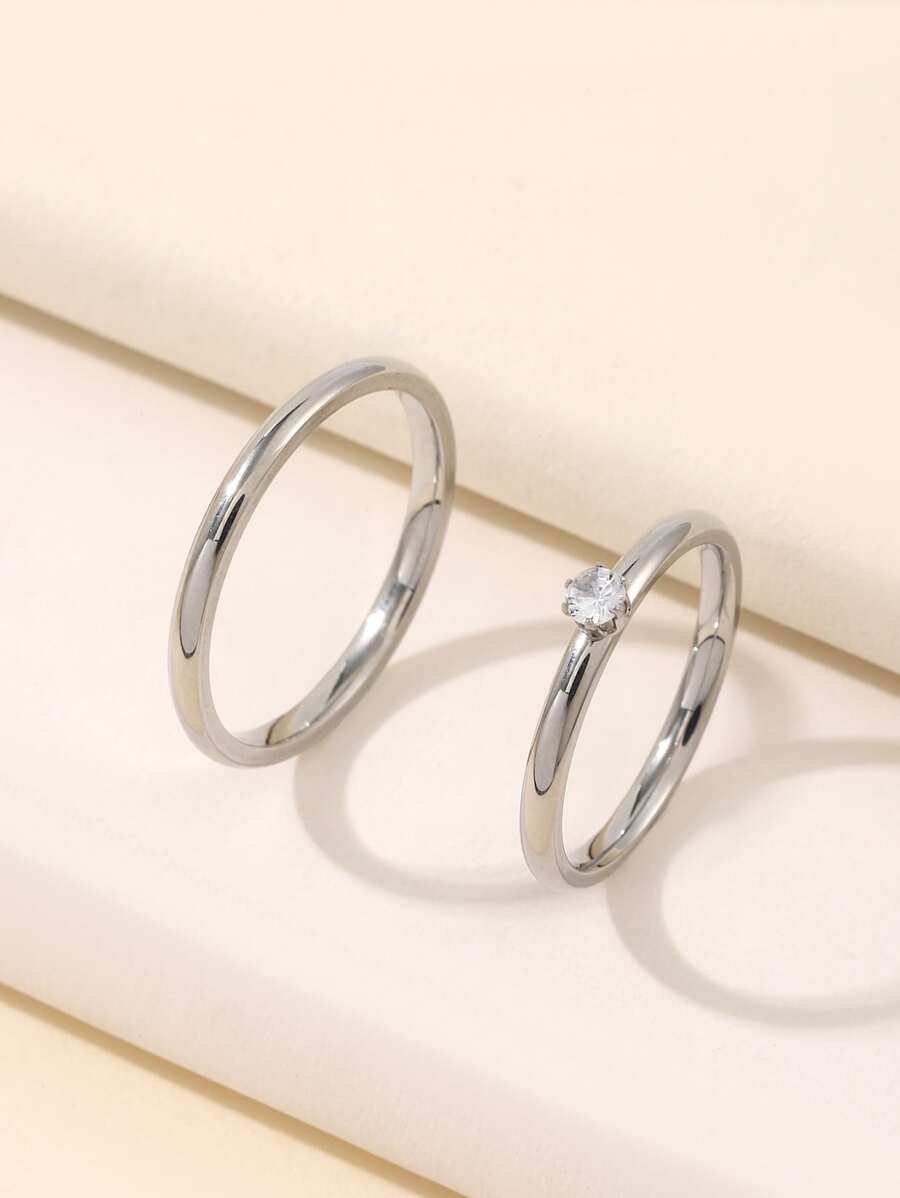 Bộ 2 nhẫn đính hôn đôi bằng thép không gỉ, thiết kế tối giản, tinh tế, phù hợp cho nữ giới đeo hàng ngày hoặc cầu hôn. - Bạc - Xem 1