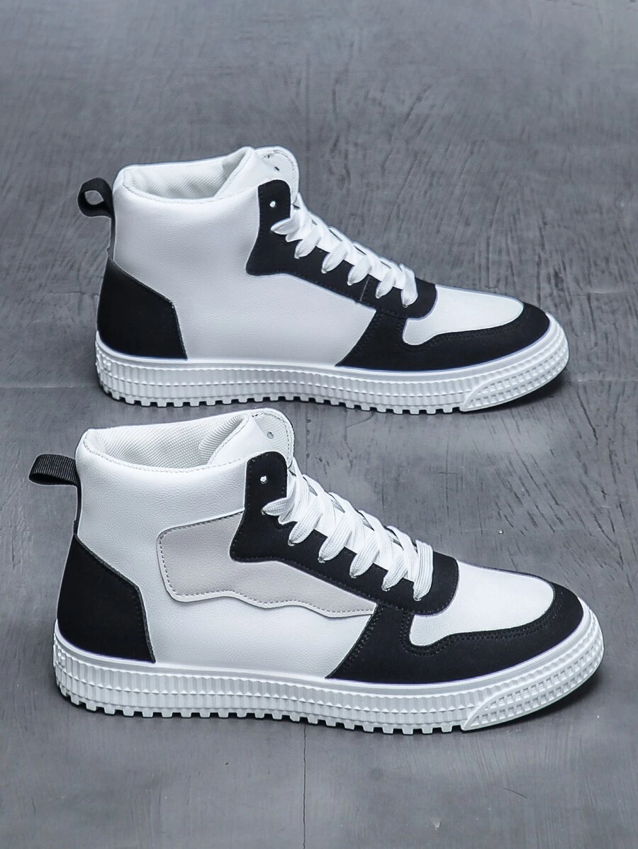 Men's Fashion Casual Sport Skate Shoes Athletic Trainers Breathable High-Top Chunky Sneakers - Black and White - View 1