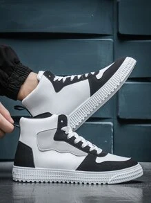 Men's Fashion Casual Sport Skate Shoes Athletic Trainers Breathable High-Top Chunky Sneakers - Black and White - View 2