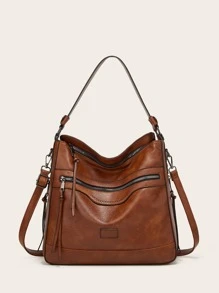 防水、輕盈、商務休閒、大容量貼花裝飾大容量 Hobo 包復古適合青少年女大學生、菜鳥和白領，非常適合辦公室、大學、工作、商務、通勤 - 棕色 - 查看 1