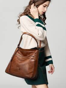 防水、輕盈、商務休閒、大容量貼花裝飾大容量 Hobo 包復古適合青少年女大學生、菜鳥和白領，非常適合辦公室、大學、工作、商務、通勤 - 棕色 - 查看 3