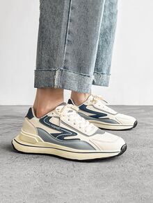 Men Color Block Lace-up Front Chunky Sneakers - Beige - View 2