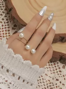 1pc Minimalist Pearl Adjustable Ring Set, Suitable For Women's Daily Wear - Yellow Gold - View 1