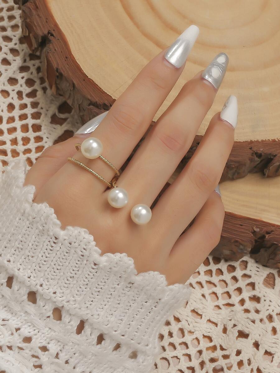 1pc Minimalist Pearl Adjustable Ring Set, Suitable For Women's Daily Wear - Yellow Gold - View 1