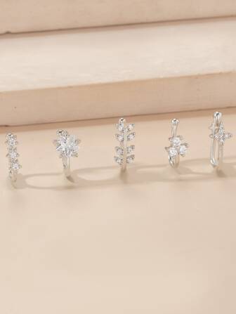 5pcs/Set Copper, Cubic Zirconia Flower & Star Decor Nose Cuff For Women And Men, Punk Non Piercing, A Fashionable Body Jewelry Gift For Any Occasion Valentines