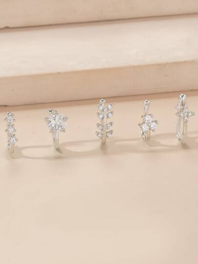 5pcs/Set Copper, Cubic Zirconia Flower & Star Decor Nose Cuff For Women And Men, Punk Non Piercing, A Fashionable Body Jewelry Gift For Any Occasion Valentines