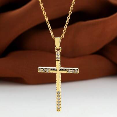 Rhinestone Decor Cross Charm Necklace