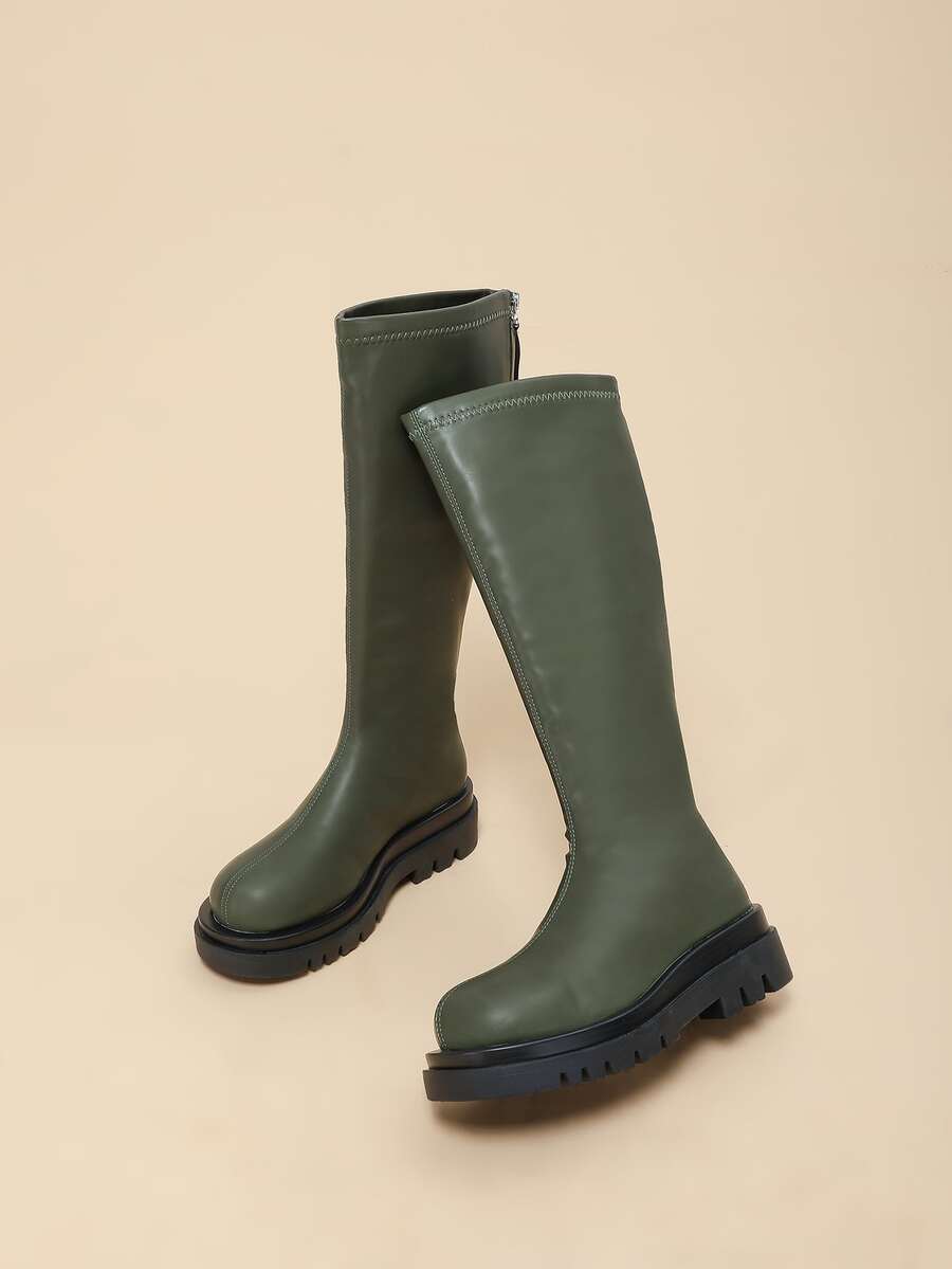 Stitch Detail Zipper Back Combat Boots - Green - View 1
