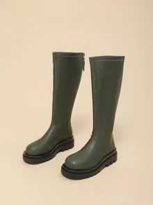 Stitch Detail Zipper Back Combat Boots - Green - View 2