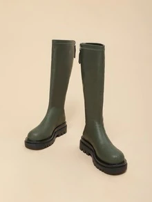 Stitch Detail Zipper Back Combat Boots - Green - View 3