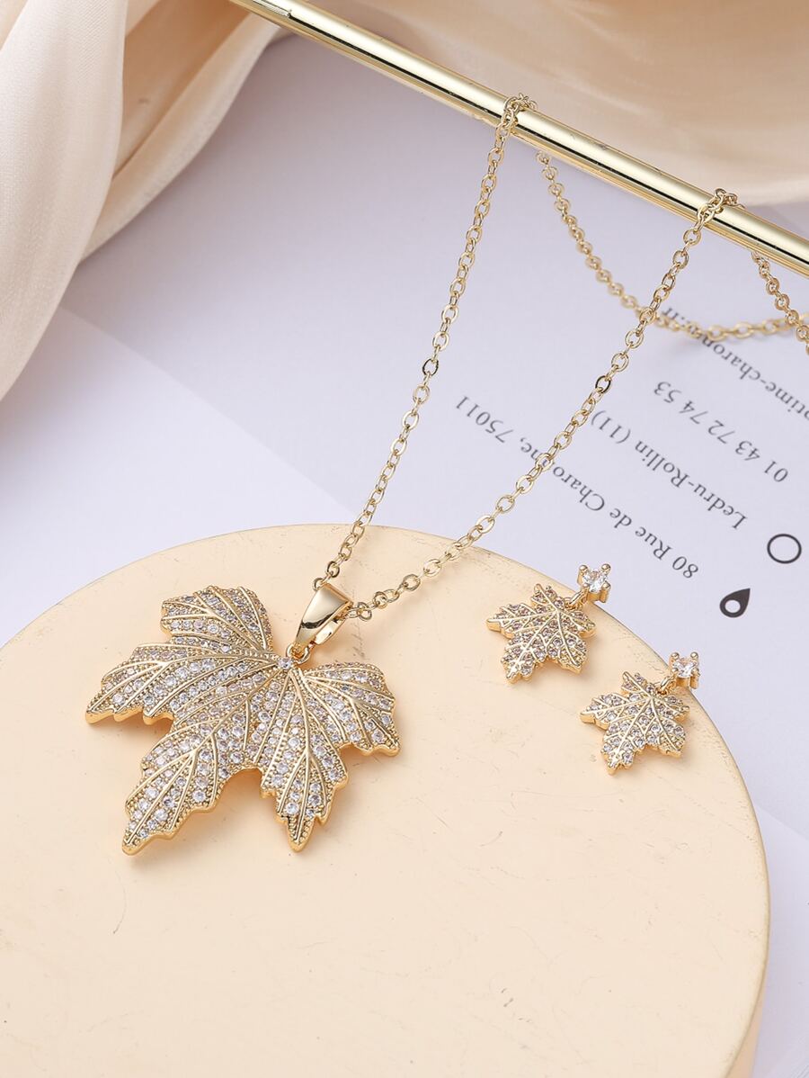 Rhinestone Maple Leaf Pendant Necklace & Drop Earrings - Yellow Gold - View 1