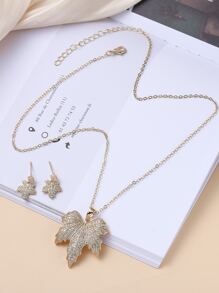 Rhinestone Maple Leaf Pendant Necklace & Drop Earrings - Yellow Gold - View 2