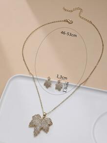 Rhinestone Maple Leaf Pendant Necklace & Drop Earrings - Yellow Gold - View 3