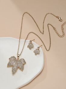 Rhinestone Maple Leaf Pendant Necklace & Drop Earrings - Yellow Gold - View 4