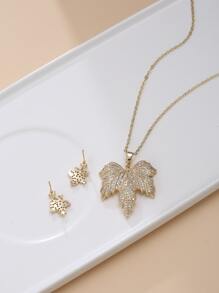 Rhinestone Maple Leaf Pendant Necklace & Drop Earrings - Yellow Gold - View 5