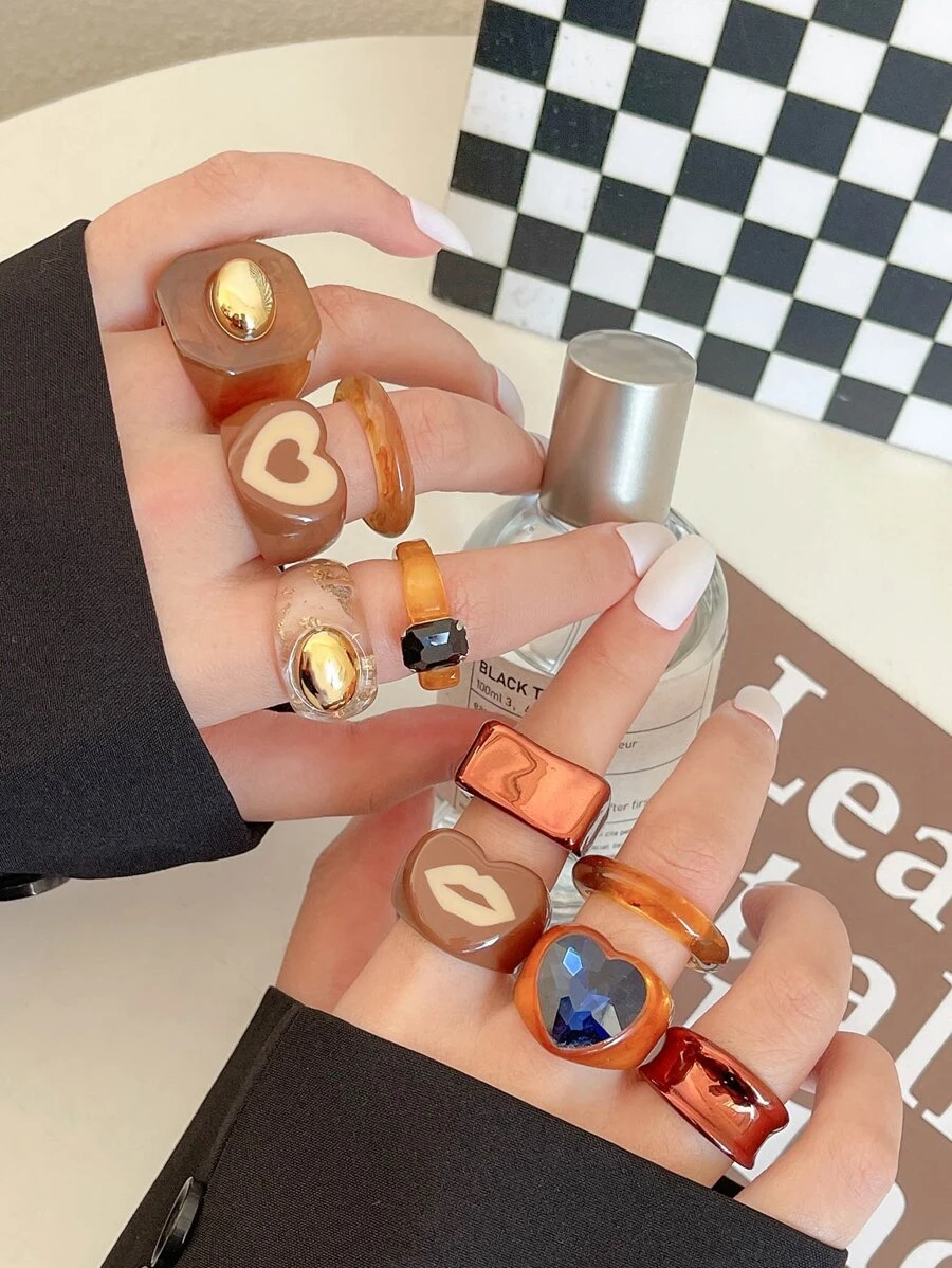 10入組愛心裝飾戒指 - 彩色 - 查看 1