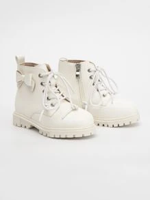 Girls Bow Decor Zip Side Lace-up Front Combat Boots - White - View 5