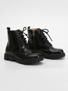 Girls Snakeskin Embossed Lace-up Front Zipper Side Combat Boots - Black - View 6