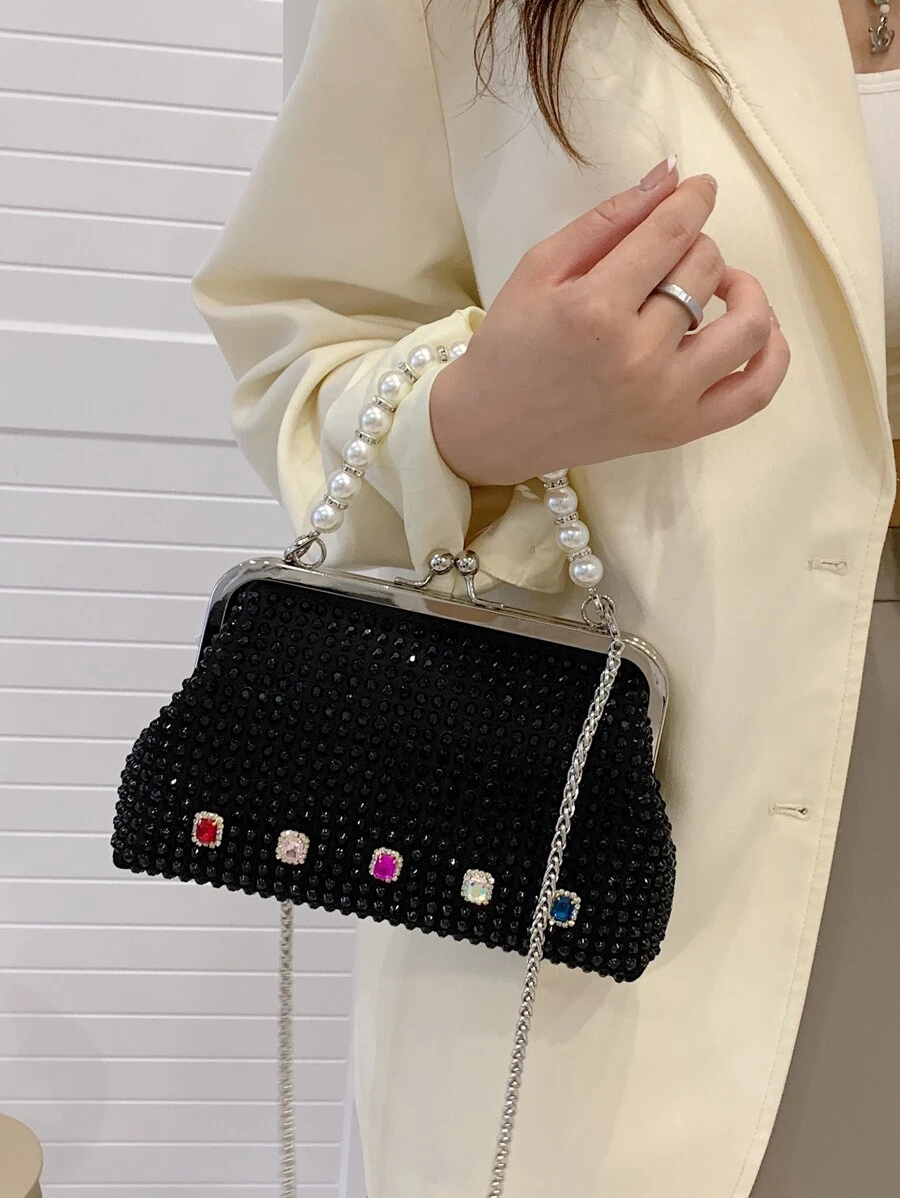 水鑽和人造珍珠裝飾吻鎖鏈條盒型包 - 黑色 - 查看 1