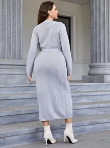 Mulvari 大碼前紐扣腰帶毛衣裙 - 淺灰色 - 查看 2