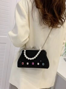 水鑽和人造珍珠裝飾吻鎖鏈條盒型包 - 黑色 - 查看 2