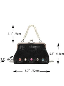 水鑽和人造珍珠裝飾吻鎖鏈條盒型包 - 黑色 - 查看 3