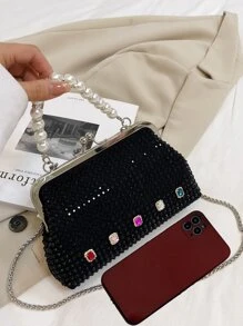 水鑽和人造珍珠裝飾吻鎖鏈條盒型包 - 黑色 - 查看 4