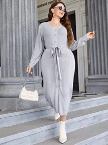 Mulvari 大碼前紐扣腰帶毛衣裙 - 淺灰色 - 查看 5