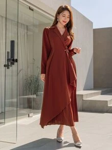 Modelyn Lapel Neck Single Button Pleated Hem Dress - Rust Brown - View 1