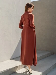 Modelyn Lapel Neck Single Button Pleated Hem Dress - Rust Brown - View 2