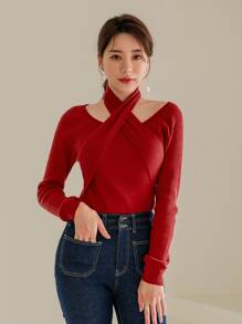 Modelyn Áo len nữ Hội Chữ thập màu trơn Thanh lịch - Đỏ - Xem 1