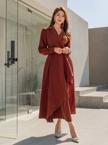 Modelyn Lapel Neck Single Button Pleated Hem Dress - Rust Brown - View 3