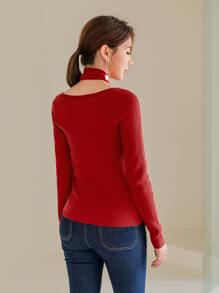 Modelyn Áo len nữ Hội Chữ thập màu trơn Thanh lịch - Đỏ - Xem 2