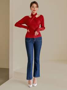 Modelyn Áo len nữ Hội Chữ thập màu trơn Thanh lịch - Đỏ - Xem 3