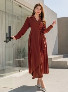 Modelyn Lapel Neck Single Button Pleated Hem Dress - Rust Brown - View 4
