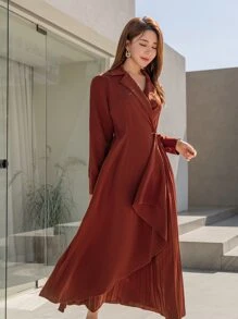 Modelyn Lapel Neck Single Button Pleated Hem Dress - Rust Brown - View 5