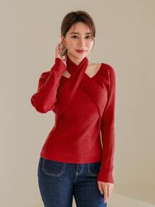 Modelyn Áo len nữ Hội Chữ thập màu trơn Thanh lịch - Đỏ - Xem 4